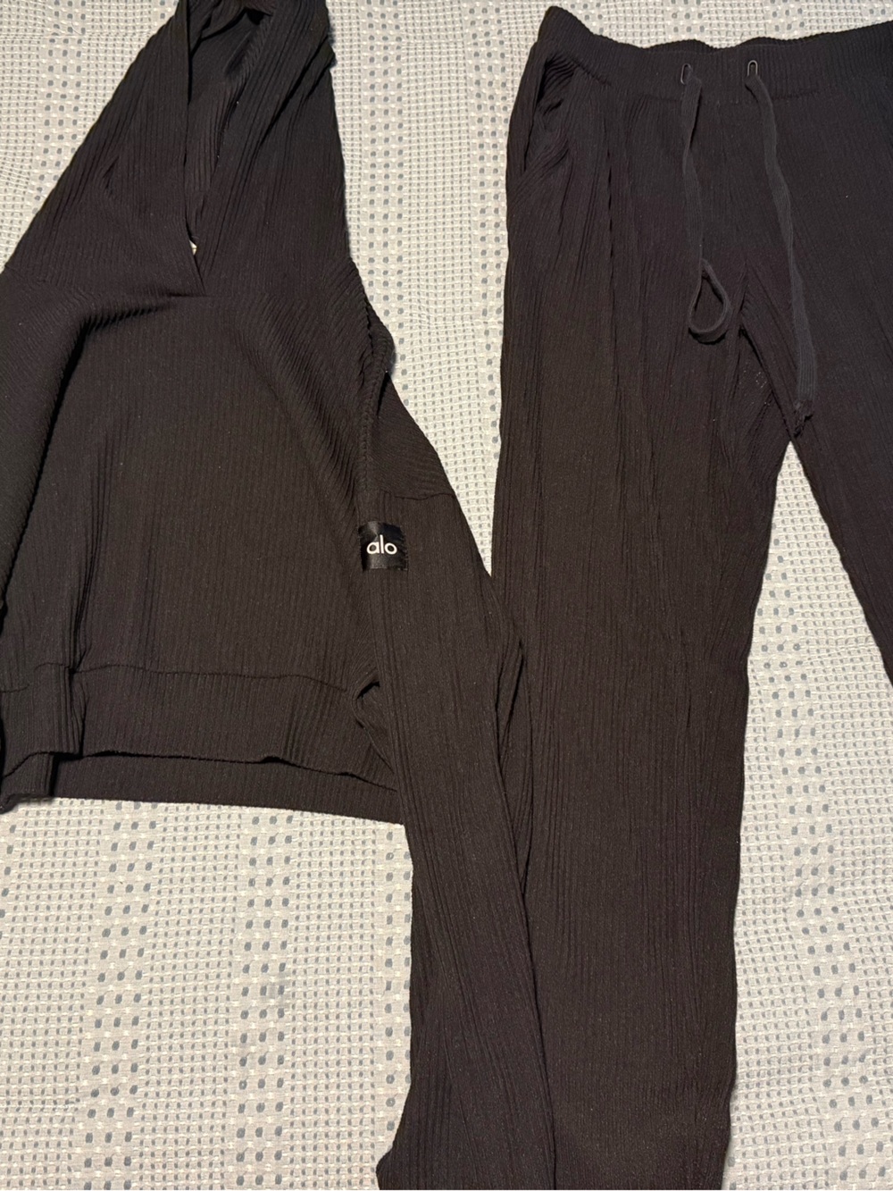 ALO Yoga Black Ribbed Hoodie and Jogger Set